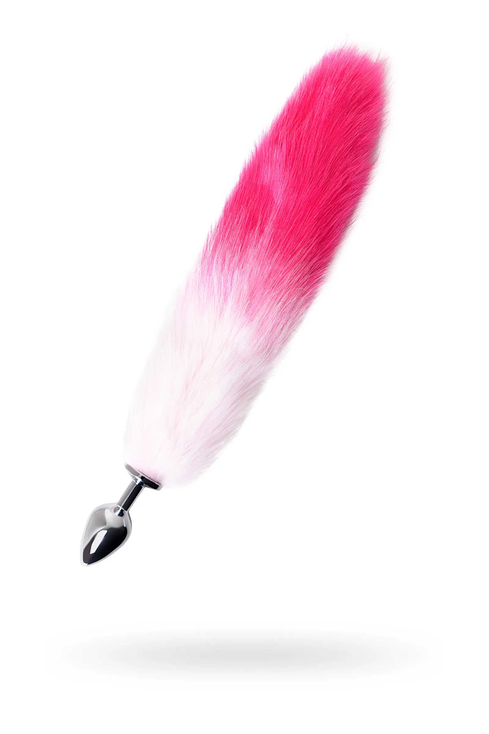 Анальная втулка TOYFA Metall с бело-розовым хвостом, металл, серебрянная, 45 см, Ø 3,3 см